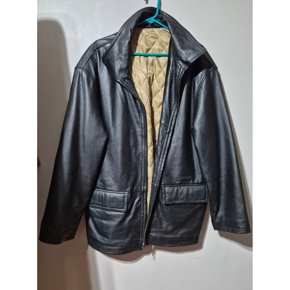 Mens Black Leather Car Coat Jacket Quilted Lining XXL Vintage Full Zip - Picture 1 of 9